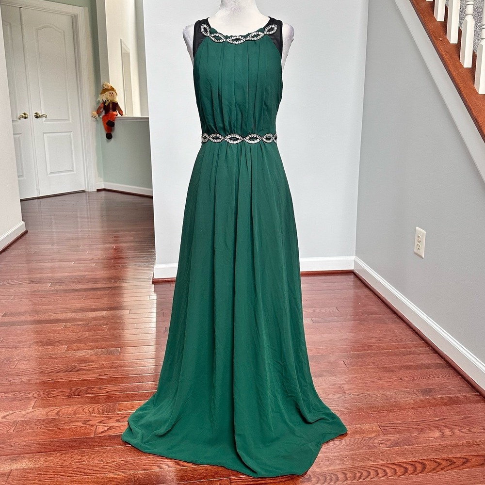 Robbie Bee Evening Green Formal Maxi Gown Dress Open Back Beaded Waist